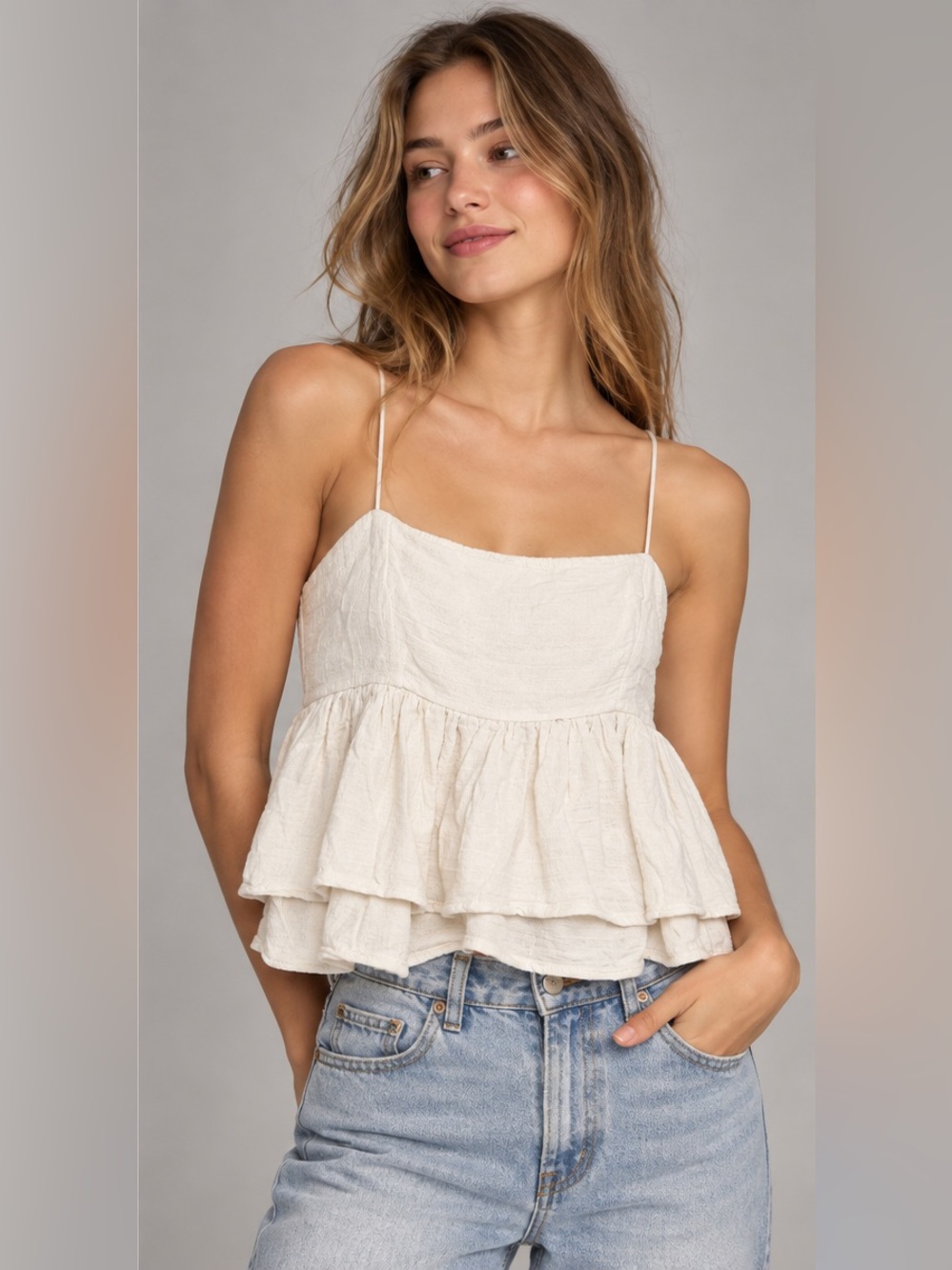 Urban Outfitters Cream Tiered Peplum Babydoll Cami Tank Top Large